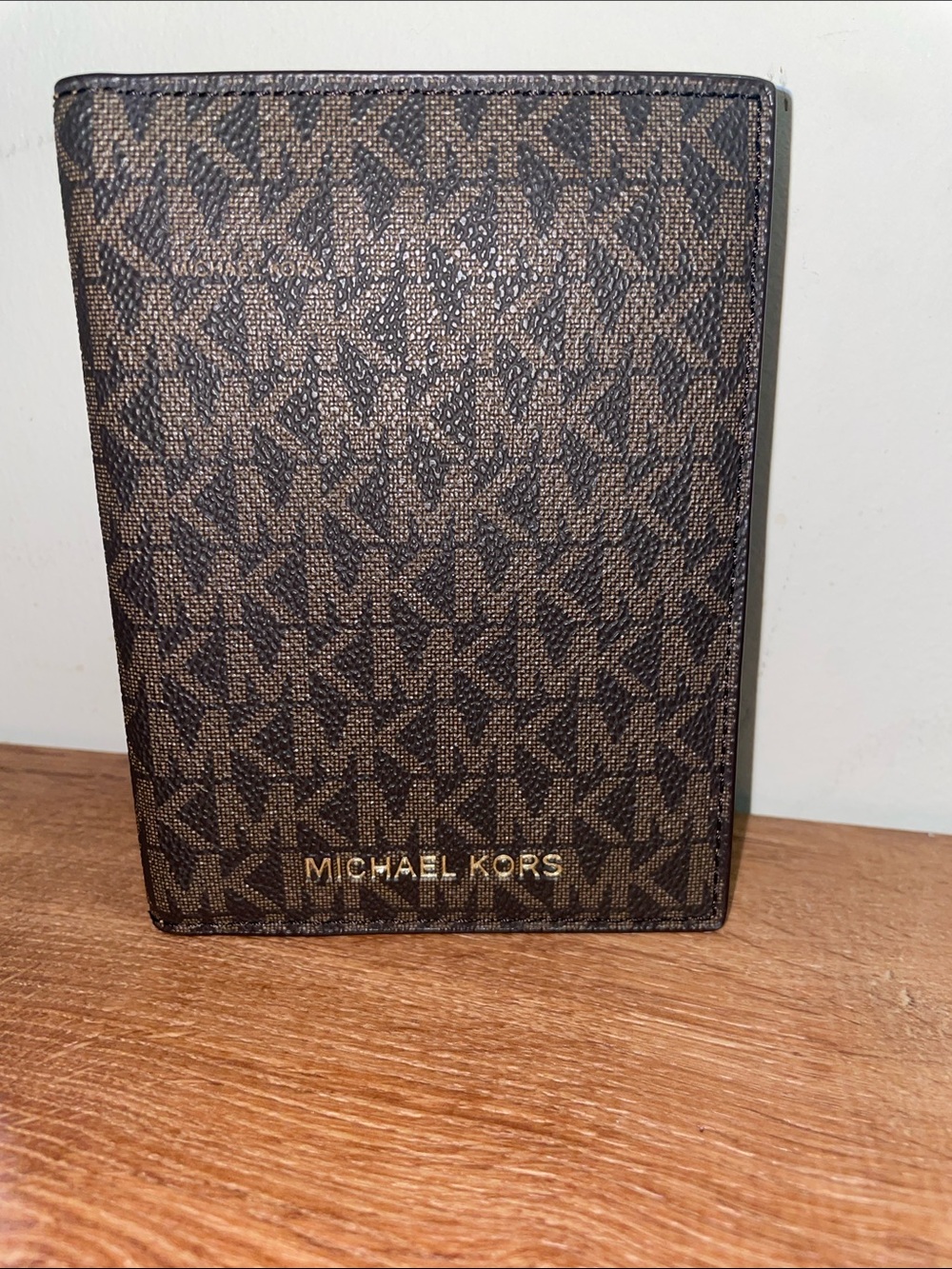 Michael Kors Brown Signature MK Passport Cover with Gold Logo